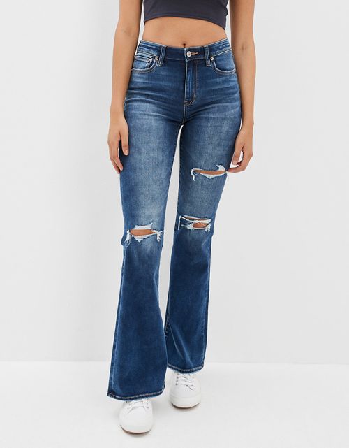 Flare Jean Forever Soft AE con rotos tiro súper alto