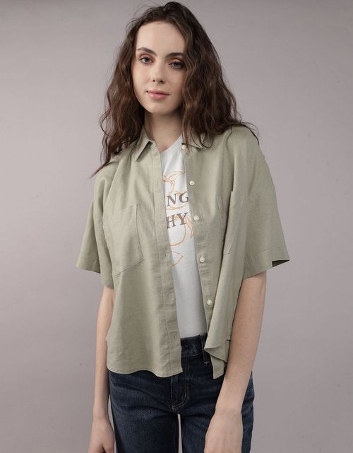 Camisa de Lino con Botones y Manga Corta para Mujer