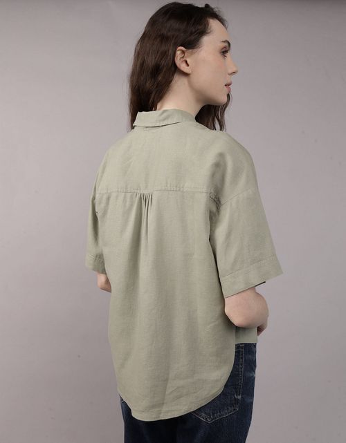 Camisa de Lino con Botones y Manga Corta para Mujer