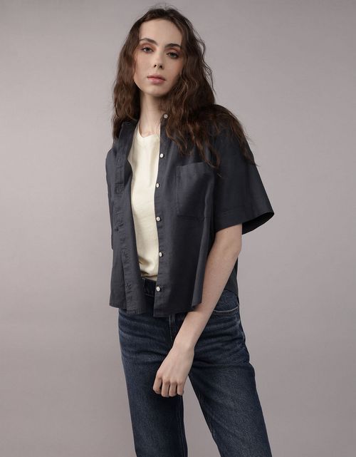 Camisa de Lino con Botones y Manga Corta para Mujer