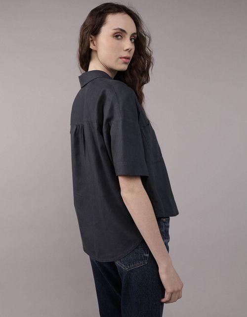 Camisa de Lino con Botones y Manga Corta para Mujer