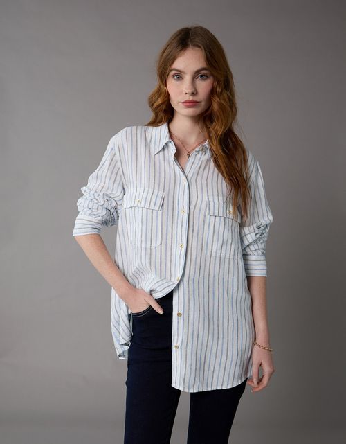 Camisa de Lino Manga Larga de Rayas Ae